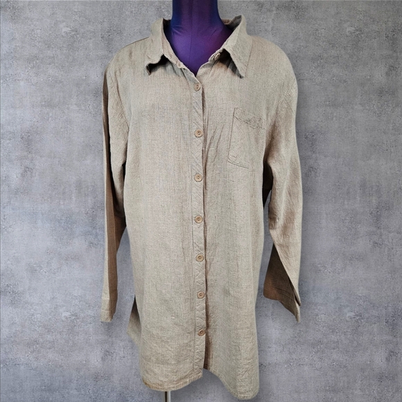 Flax Tan Natural 100% Linen Button Front Tunic Top Size Large Women's A39 - Picture 1 of 11